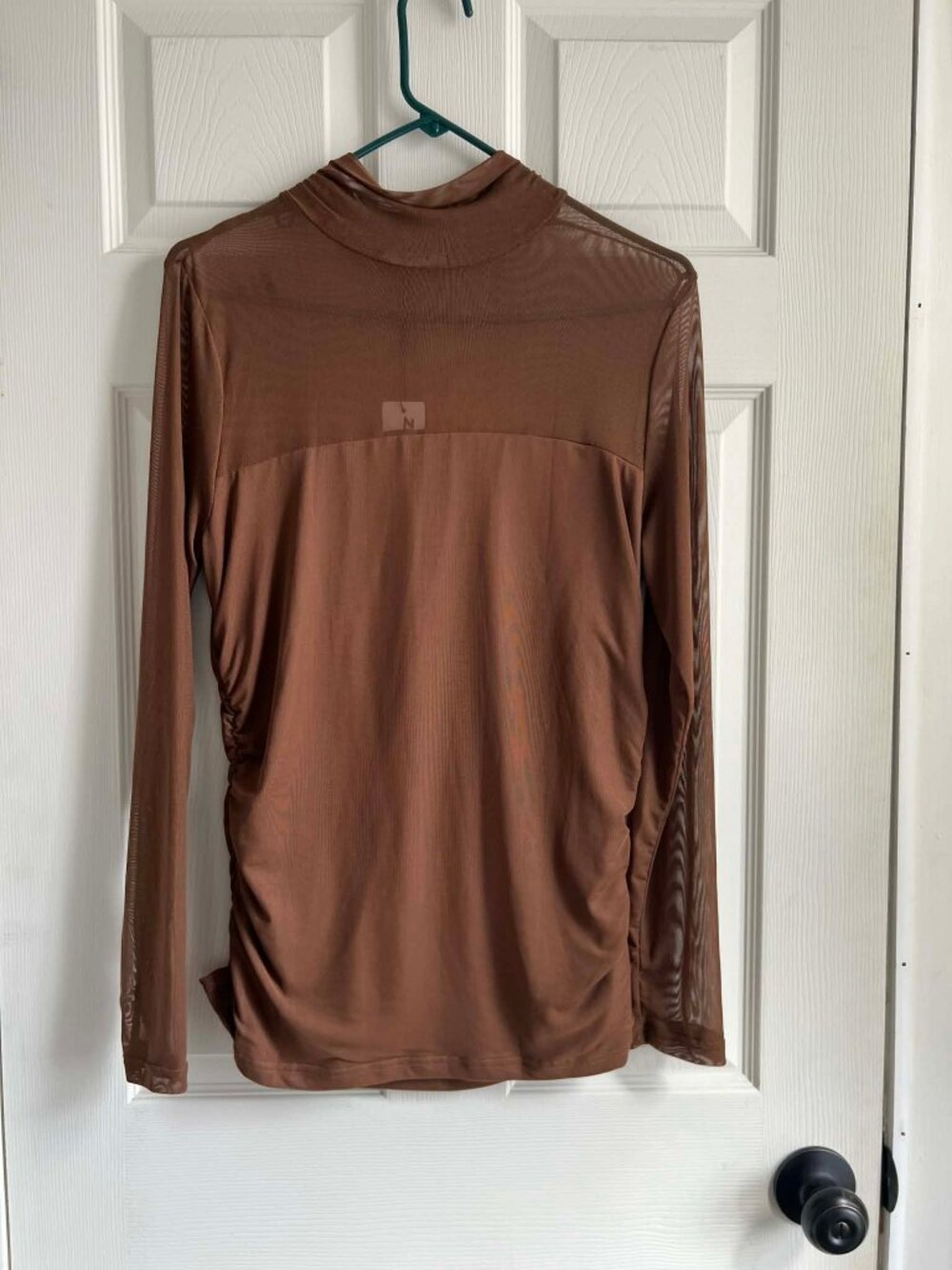 Zepagoo Brown Mesh Mock Neck Top XL Sheer Long Sleeve Ruched Trendy